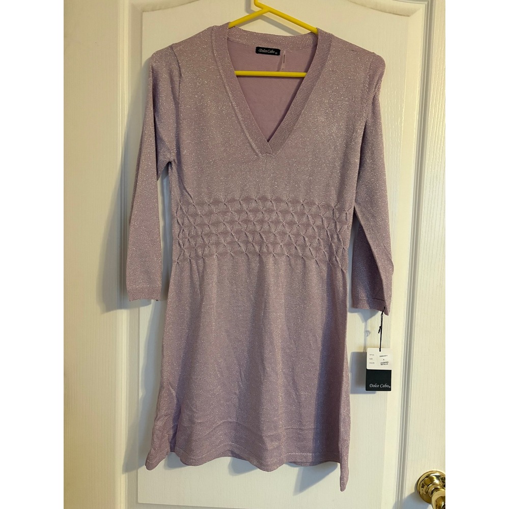 Dolce‎ Cabo Lavender Metallic Knit V-Neck Smocked Waist Dress Small NWT Resort